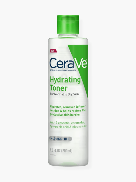 Hydrating Toner in branded clear bottle with green cap on light gray background