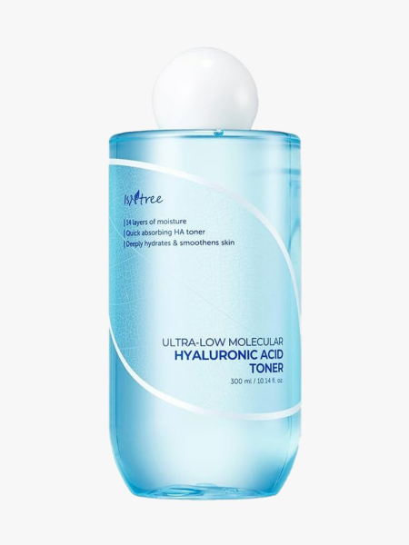 Isntree Ultra-Low Molecular Hyaluronic Acid Toner blue bottle with white sphere cap on light gray background